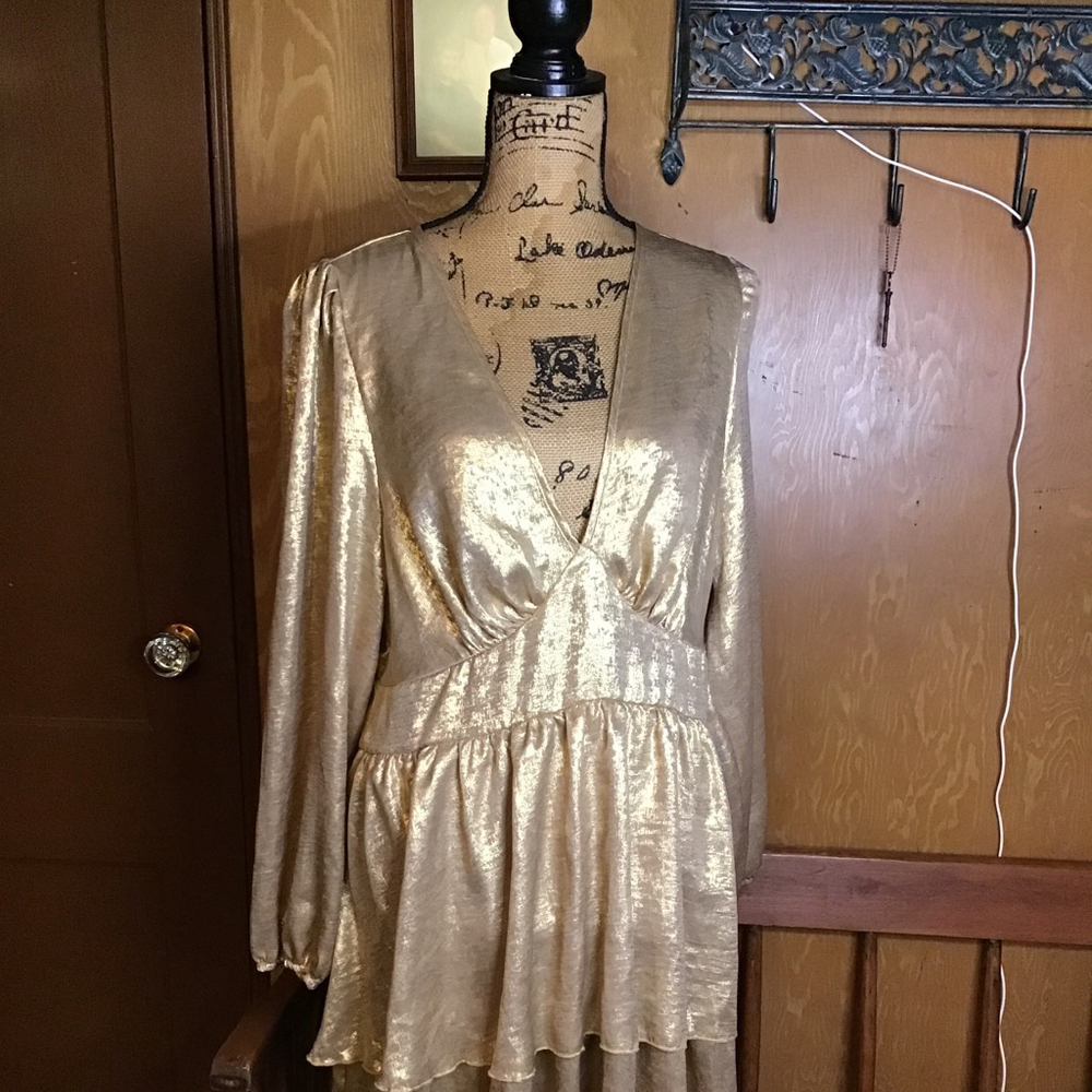 SHEIN Gold Long Sleeve Tiered Dress Plus 2X Formal - Picture 4 of 13